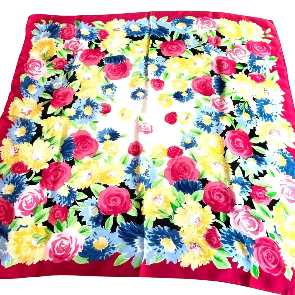 Vintage Pendleton silk scarf colorful floral square pink yellow watercolor motif